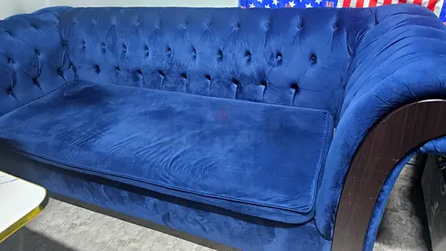 Blue Velvet 3-Seater Chesterfield Sofa - Good Condition