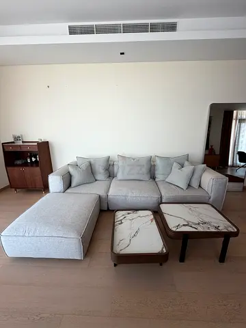 Modern 4-seater sofa with ottoman. Almost new. Includes 2 matching coffee tables.