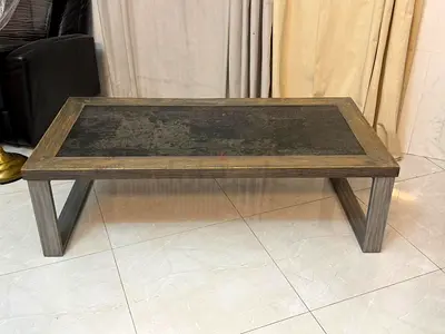 Wood and Slate Low Coffee Table - Rustic Industrial Style