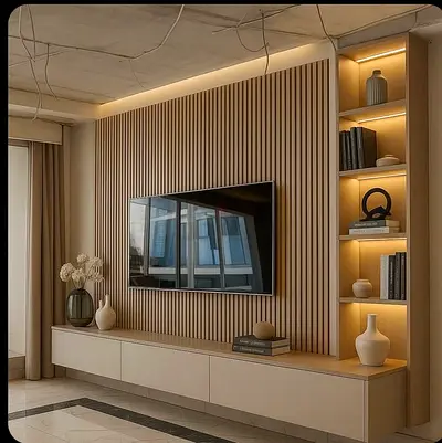 Wall-mounted entertainment unit with slatted wood feature and built-in shelves