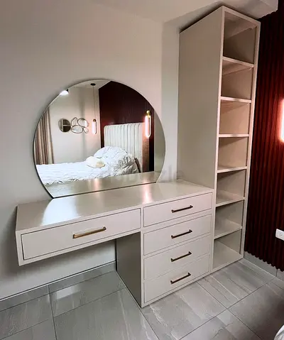 Modern Dressing Table with Large Round Mirror and Storage Tower