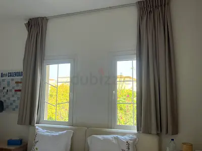 Light grey fabric curtains with curtain rod - pair (ready to hang)