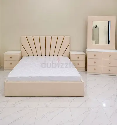 New Beige Upholstered Queen Bed with Matching Nightstands and Dresser Set