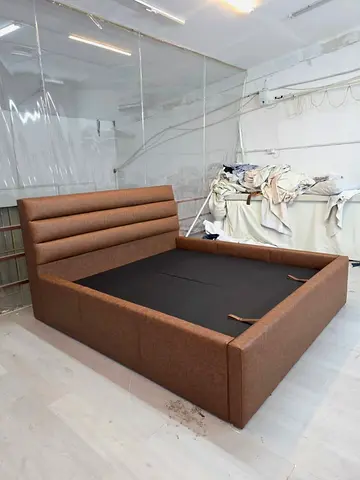 Brown Upholstered King Size Platform Bed with Padded Headboard