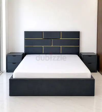 Modern King Size Bed Frame with Padded Headboard and 2 Nightstands