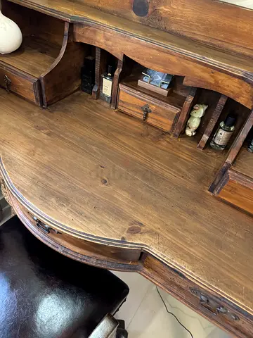 French Country WRITING TABLE STUDY DESK solid pine wood WITH leather ARMCHAIR on brass coasters