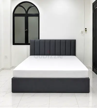 New Grey Upholstered King Size Bed with Padded Headboard and Mattress