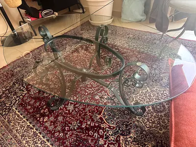 Glass Top Coffee Table with Ornate Wrought Iron Base