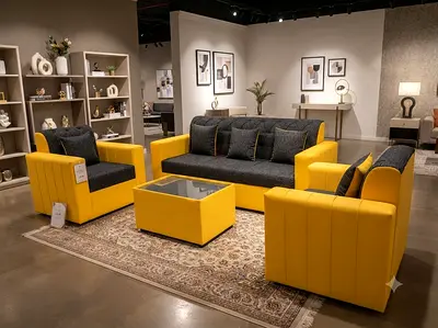 Premium 3+2 Sofa Set in elegant yellow and charcoal finish. Built with a strong wooden frame and hig