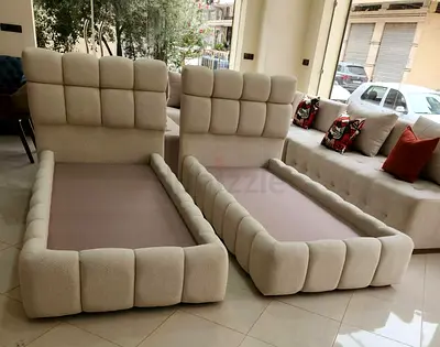 Pair of Modern Upholstered Single Twin Bed Frames with Padded Headboards