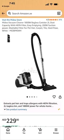Midea Vacuum Cleaner 1800W Bagless Canister 2L Dust Capacity
