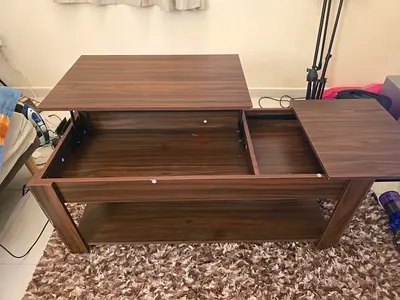 Wooden Coffee Table with Sliding Storage & Shelf