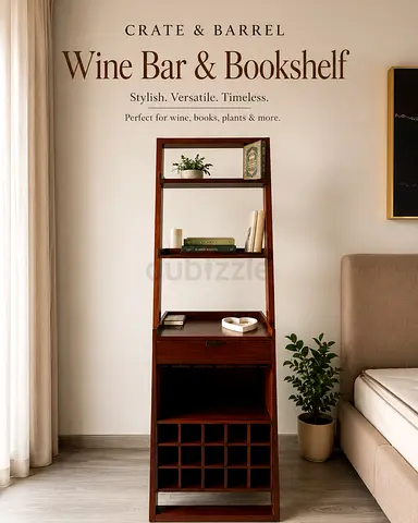 Crate & Barrel Wine Bar & Bookshelf - Solid Wood Storage Unit