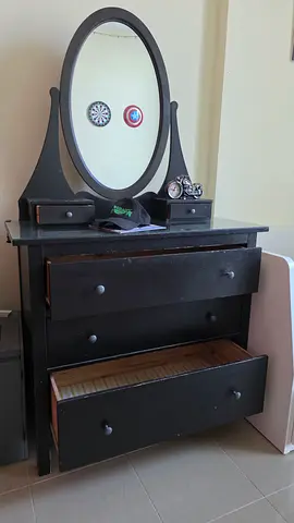 Dark Wood Dresser with Oval Mirror and 3 Drawers - Good Condition