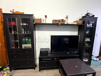Black Entertainment Center with Glass Cabinets and Shelving full set