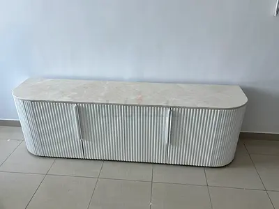 Low white modern TV cabinet/console with marble top - 4 doors