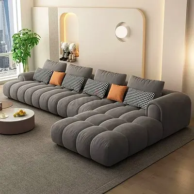 New Large Modular Tufted Gray Upholstered Sofa — L-Shape Low Profile