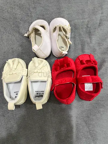 Set of 3 Baby Girl Shoes - Red Mary Janes, White Sandals, Cream Moccasins (Size 0-6 months approx)