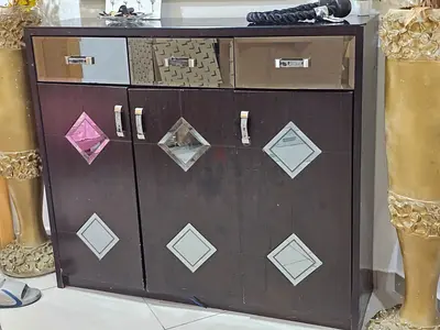 Dark Wood Mirrored Shoe Cabinet with Drawers - Good Condition