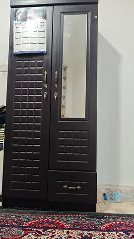 Dark wood 2-door wardrobe with shelves and drawer - good condition