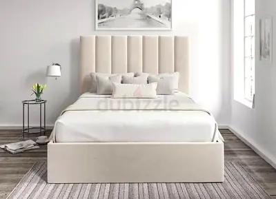 New Beige Upholstered Double Bed Frame with Padded Headboard and Mattress