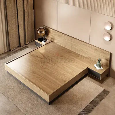 Modern low-profile platform bed with integrated bedside shelves - light wood