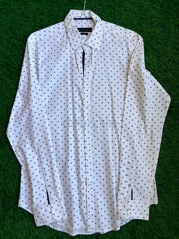 Zara Man Men's Shirt - White Navy Dot Print - Slim Fit - Size M