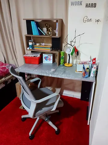 Study desk with ergonomic chair and wall shelves - used, good condition