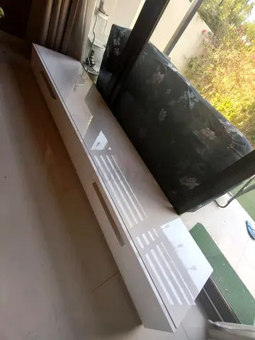 White glossy low TV cabinet with drawers - good condition