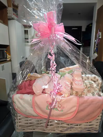 Newborn baby brand new gift basket with 3 bibs, 2-booties and 21 pieces onesis clothing - pink