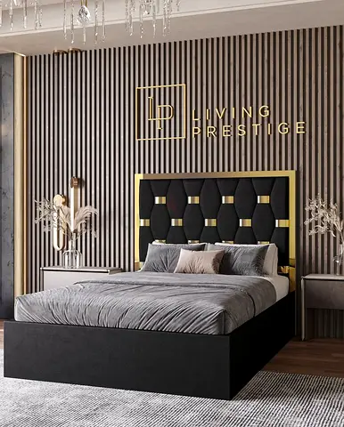 Modern upholstered king size bed with gold-trim headboard