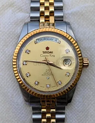 Vintage TITONI Cosmo King Automatic 25 Jewels Swiss Made Day-Date Gold Dial Men's Watch