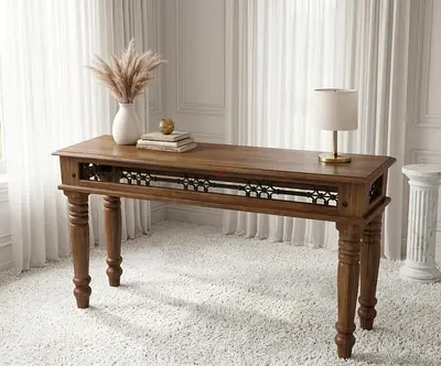 Solid Wood Console Table with Decorative Metal Inlay -