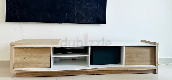Low TV Entertainment Unit / Media Console in Light Wood and White