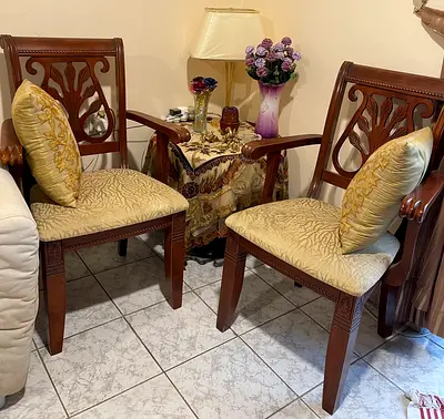 Pair of carved wooden dining chairs with cushions - good condition