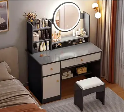 Modern bedroom vanity dressing table with mirror and stool - grey/white
