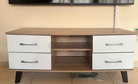 Low TV Unit / Media Console with Drawers - Wood & White finish