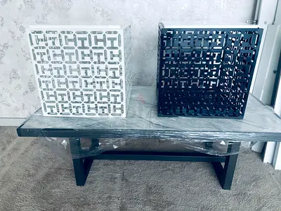 Marble-top Console Table with 2 Decorative Metal Storage Cubes