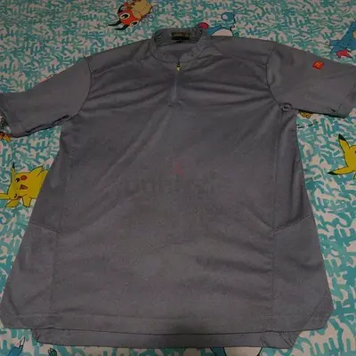Light grey short-sleeve pullover top with zip neck - casual shirt with mac Donald's logo