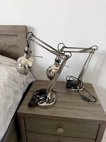 Pair of adjustable chrome desk lamps — functional, good condition