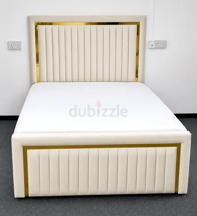 New Queen size upholstered bed frame with gold trim