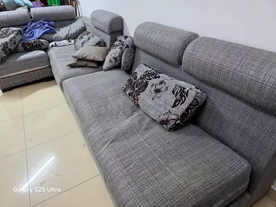 Large Grey Fabric L-Shaped Sofa - Comfortable set.