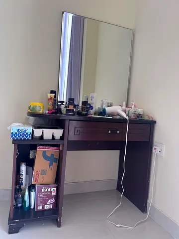 Dark wood dresser/vanity with mirror and storage - good condition