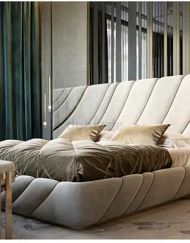 Modern upholstered king-size bed with padded headboard