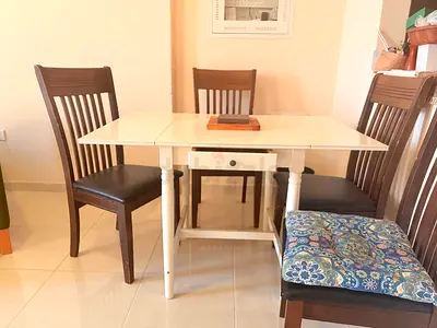Solid Wood Dining Table with 4 Chairs — White Top folding sides, Dark Wood Chairs