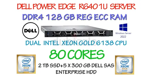 80 CORE-128GB RAM DELL POWER EDGE R640-2 INTEL XEON GOLD 6138 CPU-2TB SSD+5x300 GB SAS HDD-1U 8 SFF