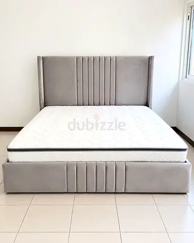 New Grey Velvet King Size Bed Frame with Headboard and Storage Base