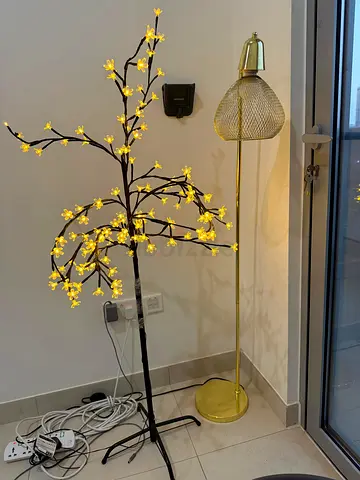 Both Decorative Cherry Blossom LED Tree and Gold Floor Lamp Set