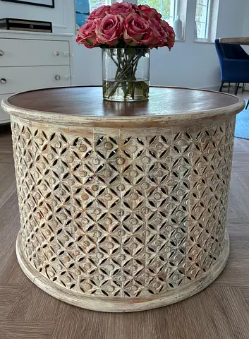 Round Carved Wooden Coffee Table with Floral Lattice Design