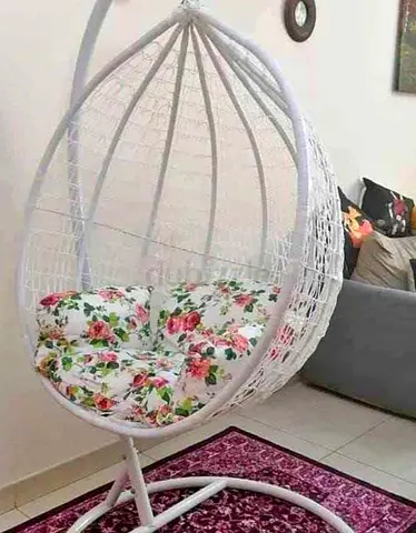 White Hanging Egg Chair with Floral Cushion - Good Condition